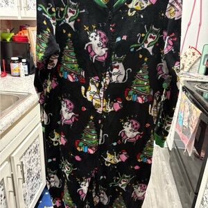 Secret Treasures Black Christmas Cat Themed One Piece Pajamas Fleece XL